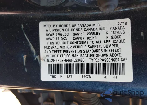 2019 Honda Civic Lx из США, поврежденный, VIN 2HGFC2F64KH523496